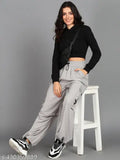 Grey and Black loose fit cargo pants combo for women - 2 pair, polyester fabric, solid pattern