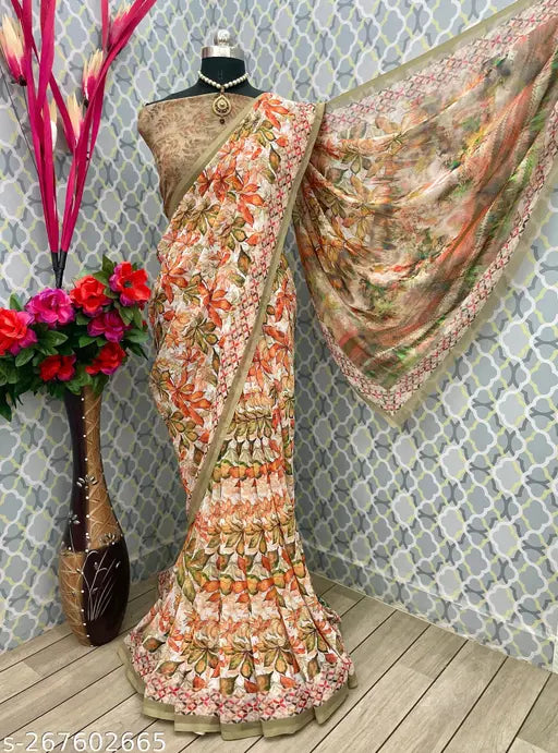Fancy Georgette Silk Saree with Embellished Net Blouse, digital print, daily wear under $300, Indian origin