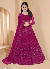 Embroidered net lehenga and dupatta set for kids aged 7-14, Indian traditional wear with long sleeves