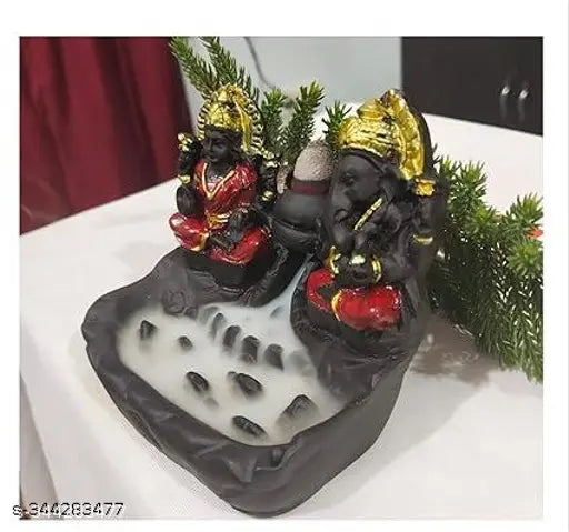 Resin Laxmi Ganesh Smoke Fountain Murti, 10cm x 12cm x 8cm, Diwali Puja decor with 30 incense cones