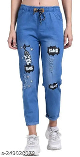 Stylish printed bang bang denim jogger for women - light, size 26, light-wash jeans with 'bang bang' pattern on display
