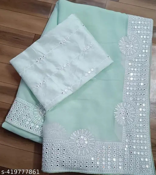 Sequin embroidered satin sari ensemble with separate blouse, free size, India