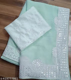 Sequin embroidered satin sari ensemble with separate blouse, free size, India