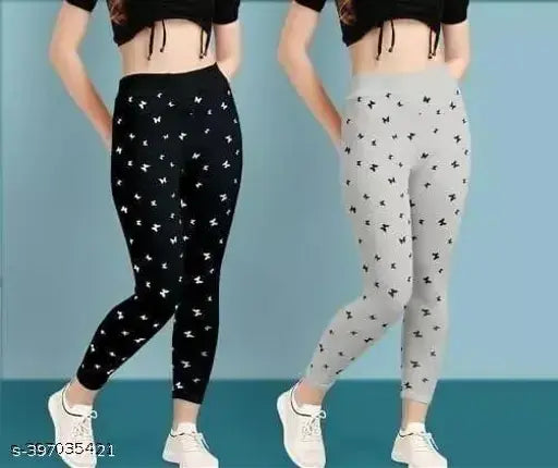 Stylish printed cotton blend jegging combo pack, women's fashionable pants in various sizes (26-Free Size)