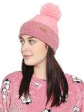 Pink wool beanie with fur pom-pom, criss-cross knit design for women & girls - Indian handmade winter accessory