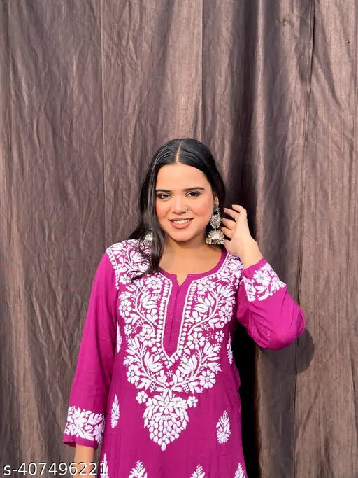 Rayon embroidery kurta with palazzo, printed net pattern on rayon fabric. Three-quarter sleeves set includes dupatta and pants. Single size available in various bust sizes (M-6XL). Made in India