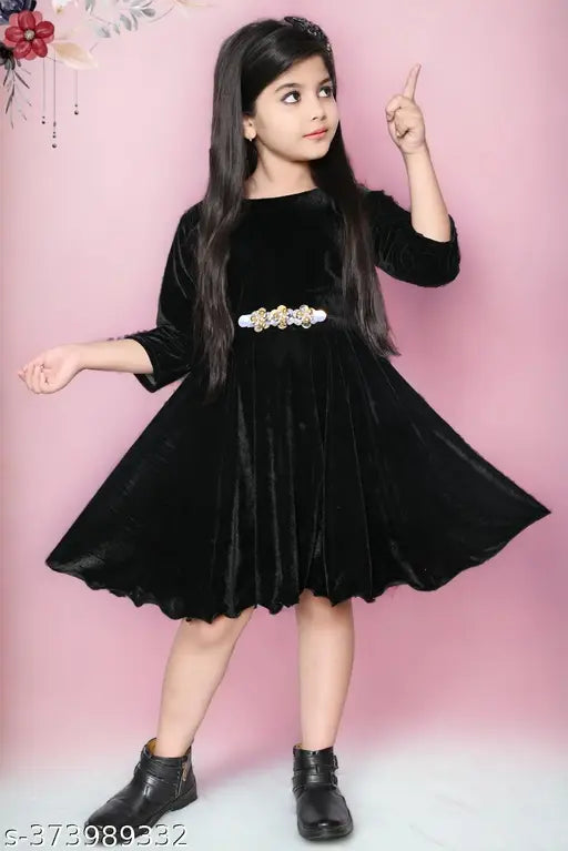 Velvet three-quarter sleeve Khuku Fashion dress for girls - solid pattern, comfortable and stylish, perfect for summer parties. (Indian made)