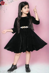 Velvet three-quarter sleeve Khuku Fashion dress for girls - solid pattern, comfortable and stylish, perfect for summer parties. (Indian made)