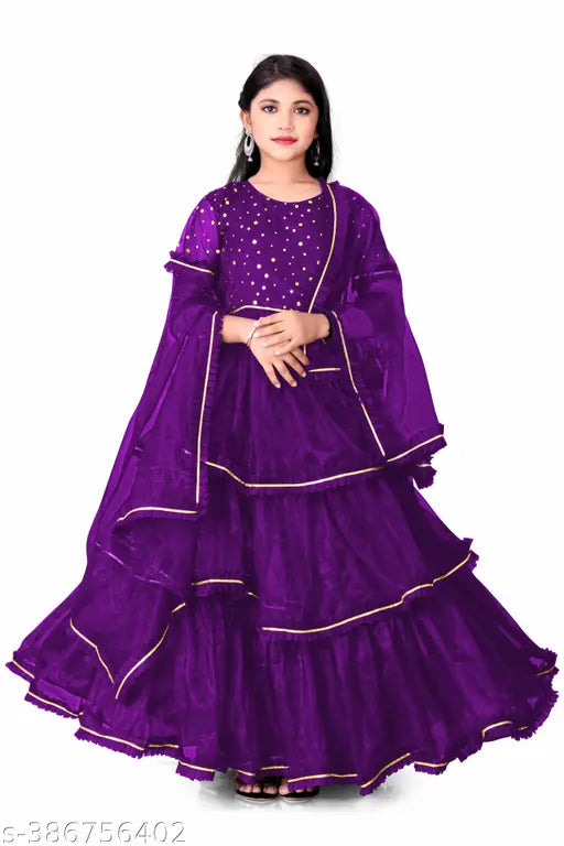 Pink net girls' gown for 6-9 years old, Indian handmade solid pattern dress