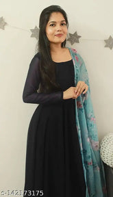 Black Georgette long-sleeve Pusparaj gown, Indian traditional attire with dupatta