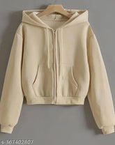 Beige fleece hood jacket, solid pattern, long sleeves for men or women, size S/M/L