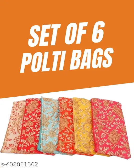 Silk zari printed potli purse set (6 pcs, multi-color), embroidered net, 12.5x24.5 cm, ideal for wedding, party, or family functions