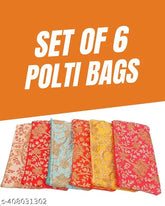 Silk zari printed potli purse set (6 pcs, multi-color), embroidered net, 12.5x24.5 cm, ideal for wedding, party, or family functions