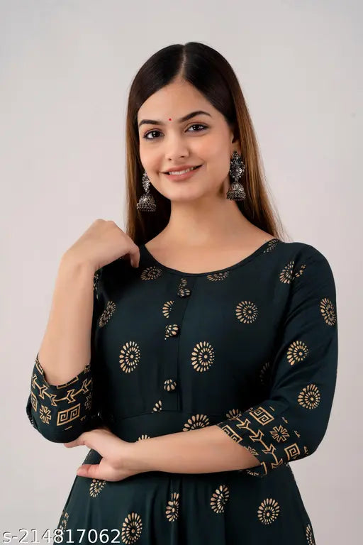 Dark green rayon Anarkali kurti for office party wear, gold printed, 3/4 sleeves, round neck, fashionable ethnic design from Zeenat Libaas India