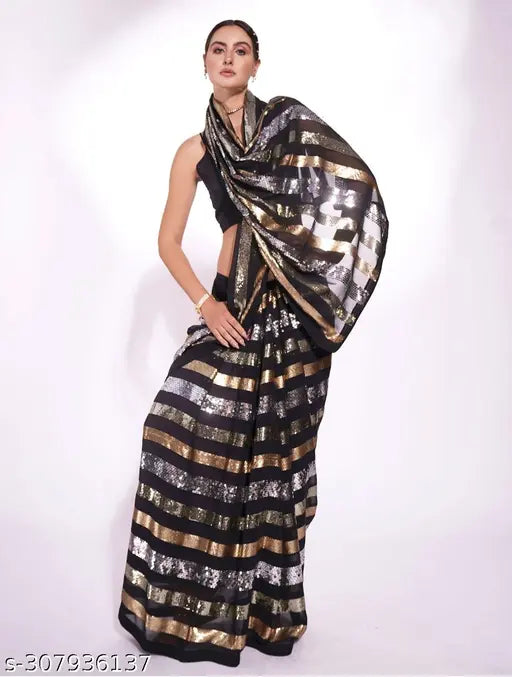 Black Embroidered Handloom Georgette Party Wear Saree with Sequins, styled for festive occasions like Diwali