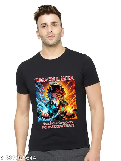Black Demon Slayer Tenjiro Kamado Printed Cotton T-shirt, men's regular fit short sleeve, India origin