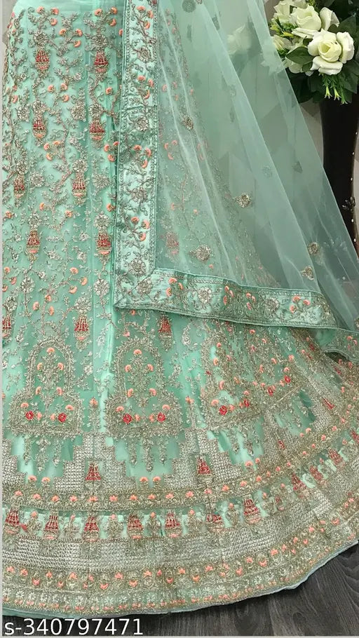 Heavy sky blue net lehenga choli with embroidery work, perfect for festive occasions - Indian designer embroidered net lehenga set