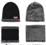 Black woolen topa set: Woolen beanie, skull cap, neck warmer & muffler combo. Air-proof, faux fur lining, suitable for winters. High-quality wool, sleece material, comfortable and adaptable for all