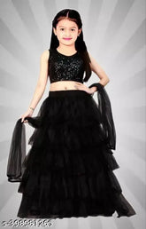 Exclusive velvet and net ruffle sequence lehenga choli set for kids, semi-stitched with self-design patterns, sleeveless design