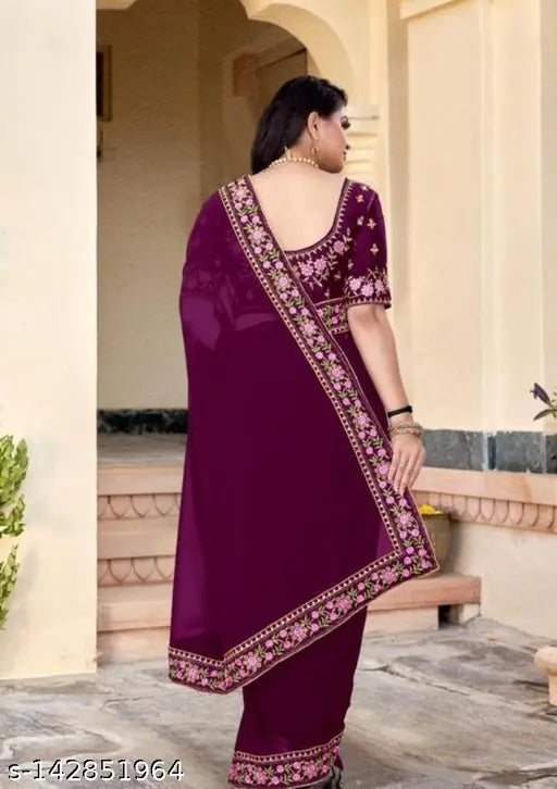 Purple Georgette embroidered Chitrarekha saree with Banarasi silk blouse, traditional Indian party wear