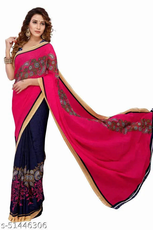 Trendy georgette saree & separate blouse piece, printed pattern, single N, free size, Indian origin