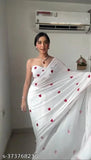 Red heart white Georgette saree, embroidered with Gamthi work and border piping, Durga Pooja special edition, free size (5.5m x 0.8m), India origin