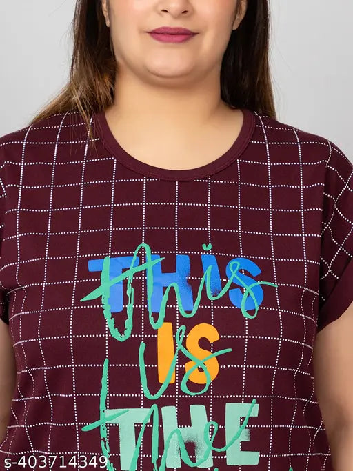 Cotton plus-size long t-shirt pyjama set for women, printed net design in soft, soothing pure cotton fabric from India