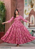 Rayon printed gown, three-quarter sleeves, vibrant Indian rayon dress on hanger (Size S: Bust 36in, Waist 15in, Hip 45in)