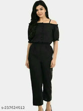 Black crepe jumpsuit for women's fashion, solid design, short sleeves