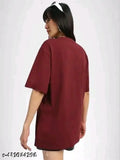Maroon cotton blend oversized women's t-shirt with stylish print, long sleeves, size S (32in bust, 25in length)