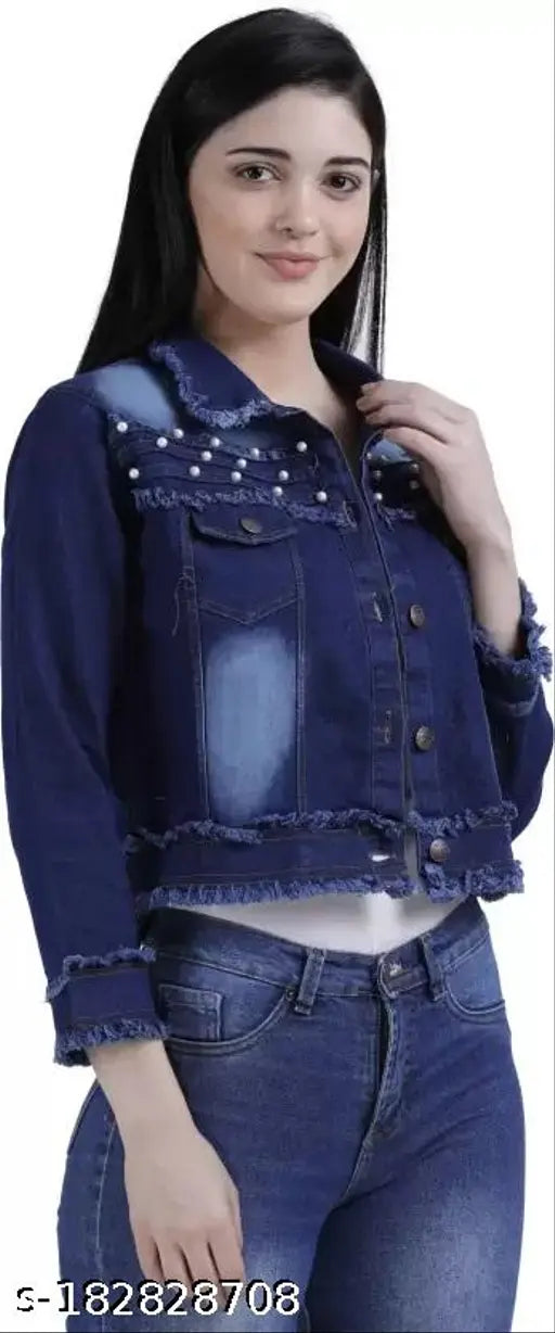 Fashionable solid denim jacket, dyed/washed, long sleeves, women's size S & M, Indian origin