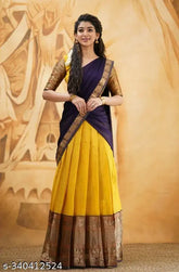 Art Silk Lehenga Choli set, South Indian style with jacquard stitch and long sleeves for girls aged 4-16 years or free size. Handcrafted in India