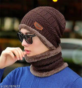 Brown woolen beanie cap set with neck muffler scarf (2pcs), ideal for men & women, hand wash only