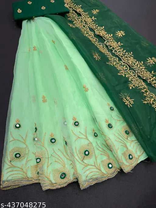 Embroidered Lehnga Choli and Dupatta, heavy dupion silk top, net bottom & dupatta, feather design mirror work, free size, semi-stitch and cut work broder in lehenga up to 44 inch, India origin