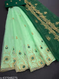 Embroidered Lehnga Choli and Dupatta, heavy dupion silk top, net bottom & dupatta, feather design mirror work, free size, semi-stitch and cut work broder in lehenga up to 44 inch, India origin