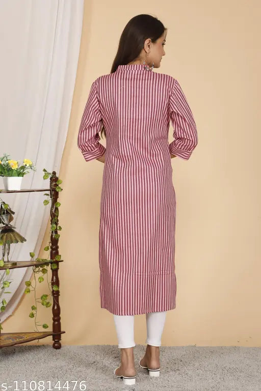 Pink striped straight cotton kurti, collar neck, 3/4th sleeves, Made in India, women's fashion clothing for summer