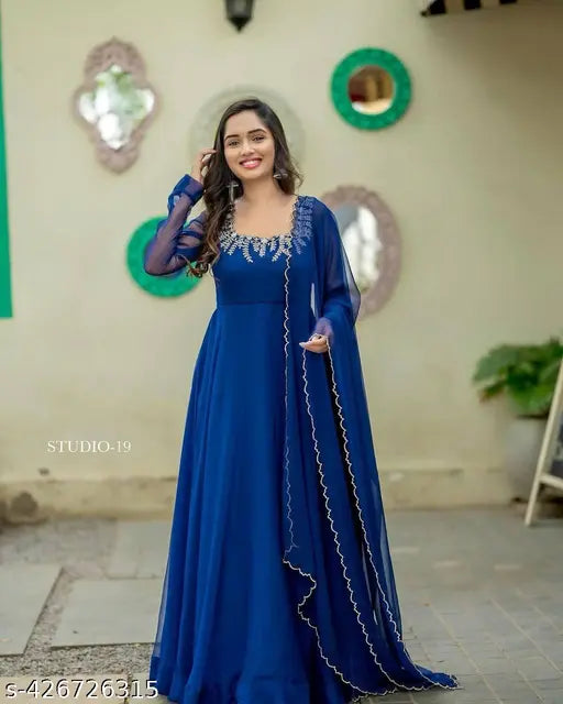 Blue georgette Anarkali embroidery gown with three-quarter sleeves, size M: bust 38", length 52", waist 36", hip 40", shoulder 14