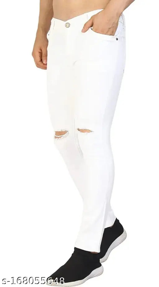 White denim men's knee-cut jeans, solid pattern, size 28/30 (waist 28/30in, length 39/40in), made in India