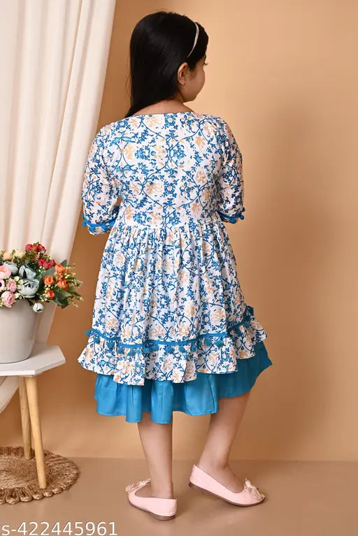 Rayon printed net agile frock, vibrant colors, short sleeves, flared skirt, charming details, perfect for parties or playdates, available in multiple sizes, designed by TAILORWOMEN, India