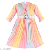 Multicolor Georgette tie-dye 3/4 sleeve baby girl frock dress, featuring turtleneck with bow and detachable belt, India origin