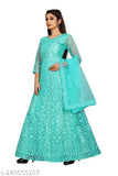 Firozi Net Chain Stitch Embroidered Gown (Semi-stitched, Free Size, Long Sleeves, 57 inch length)