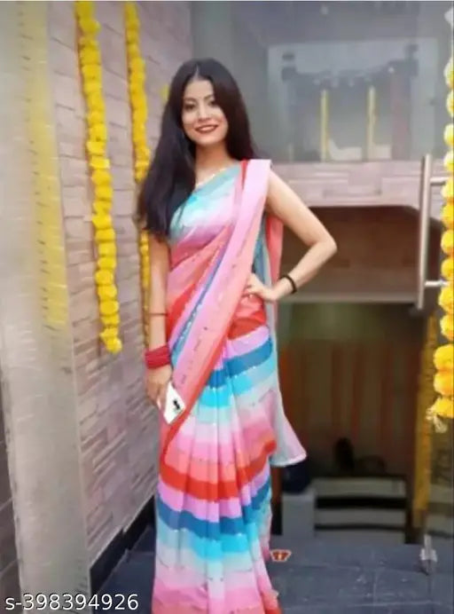 Rainbow lace and leheriya printed Georgette saree for girls and women, perfect for ethnic wardrobes