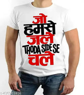 Polyester short-sleeve printed t-shirt for boys and men, "JO HUMSE JALE THODA SIDE SE CHALE" design, size chart included in second image, made in India