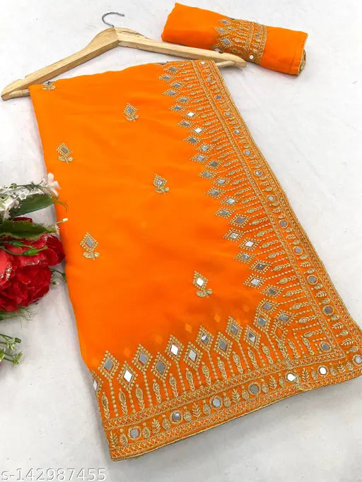 RosyQueen Boutique embroidered Georgette saree with mirror handwork, red and gold zari design, ready to wear traditional Indian fashion