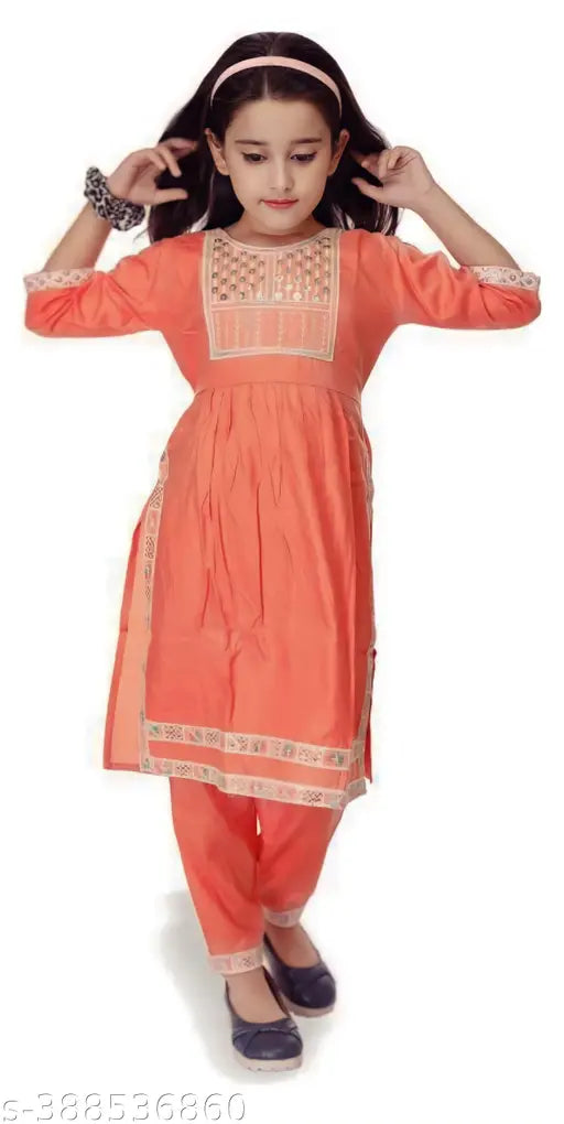 Orange cotton blend A-line pyjamas with embroidery, Indian ethnic wear for girls aged 0-11 years