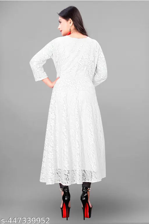 Net self-design three-quarter sleeve Pretty Kurti by Jivika, Indian fashion for women