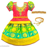 Indian Chanderi silk ethnic South Style Pattu Pavadi Lehenga Choli, embellished with intricate embroidery. One piece in sizes 6-12 months to 4-5 years