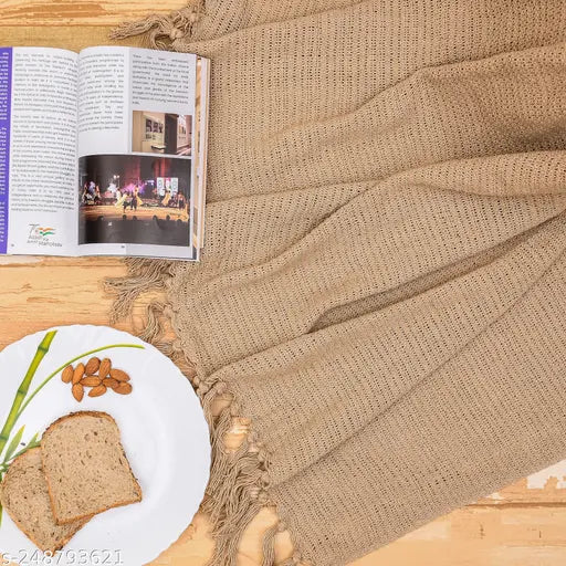 Beige cotton net sofa throws, set of two for cozy home decor