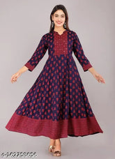Rayon printed mirror work kurta, three-quarter sleeves, vibrant Indian ethnic fashion on model