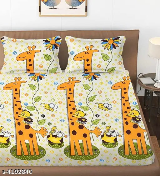 Cream microfiber giraffe double bedsheet for kids, cartoon printed with yellow accents, includes four pillow covers (90x100 inch size)